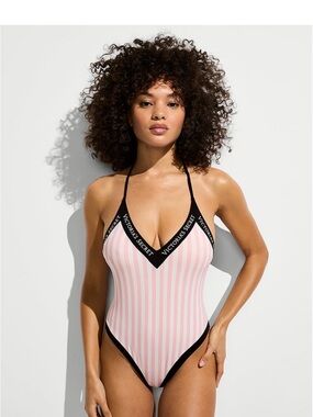 Victoria's Secret Pink & White Striped V-Neck One-Piece Swimsuit